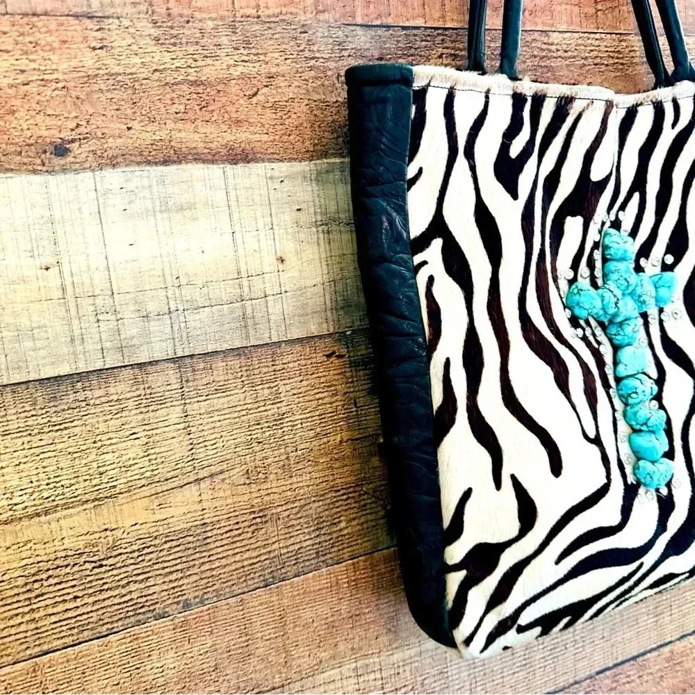 Kurtmen Designs Cowhide W Turquoise Nugget and Crystal Tote Bag